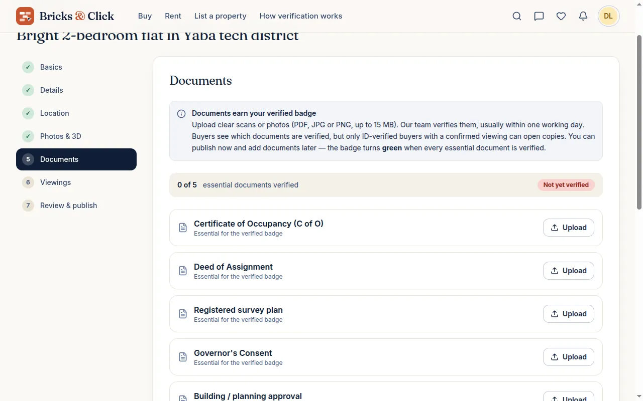 Step 5: required documents with upload buttons